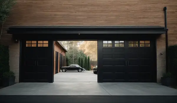 black wooden garage doors with windows