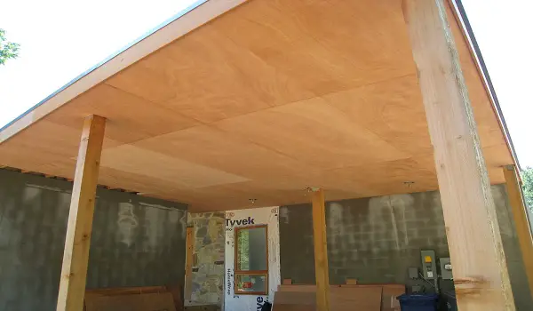 Porch with a plywood ceiling