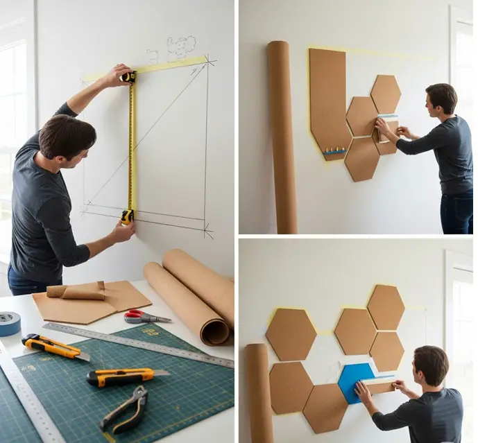 step-by-step DIY corkboard wall installation scene