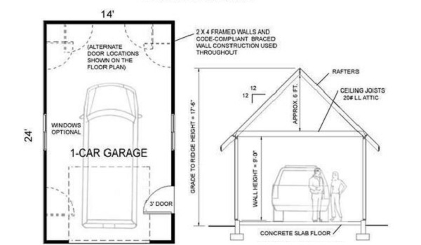 14x24 one car garage dimensions