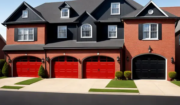red brick house with black garage door