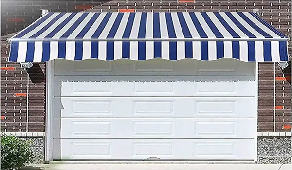 Fabric garage door awning with a colorful design