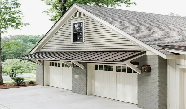 Wooden garage door awning with a modern design